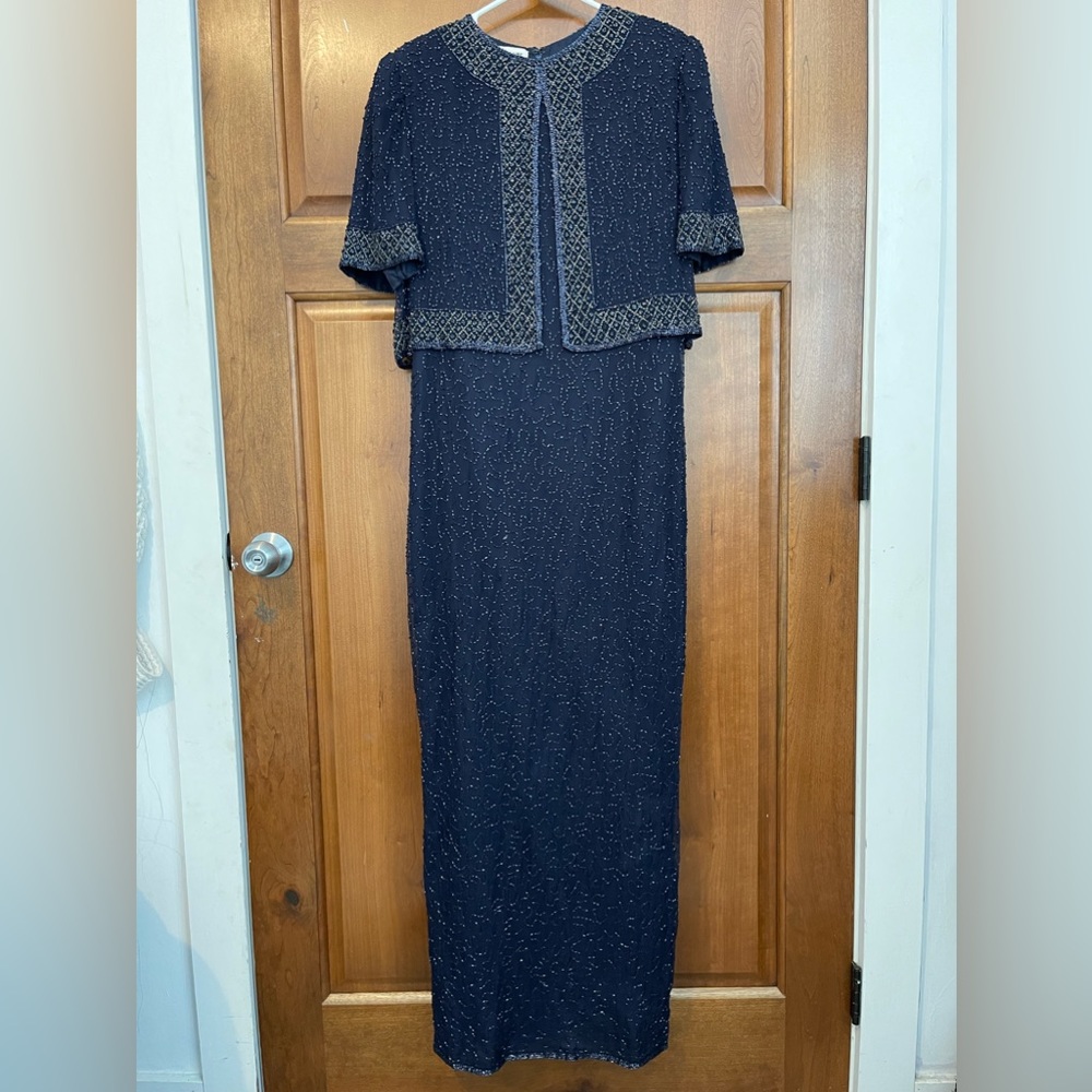 Vintage Brilliante Navy Blue Silk Beaded Short Sleeve Dress Formal Party Size M